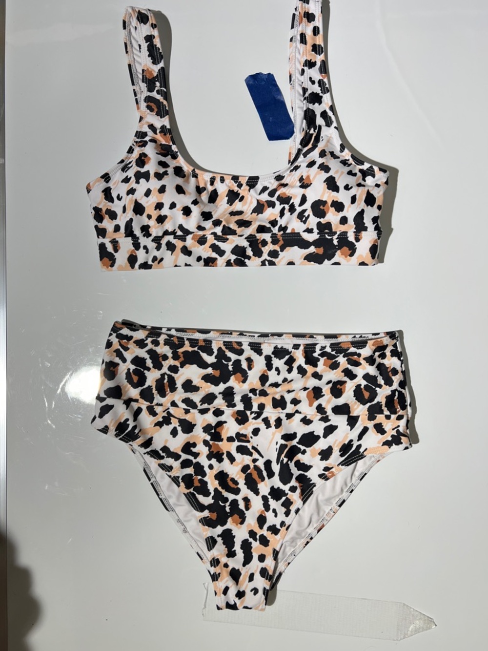 High-Waist Leopard Print Bikini Set - White/Tan/Black